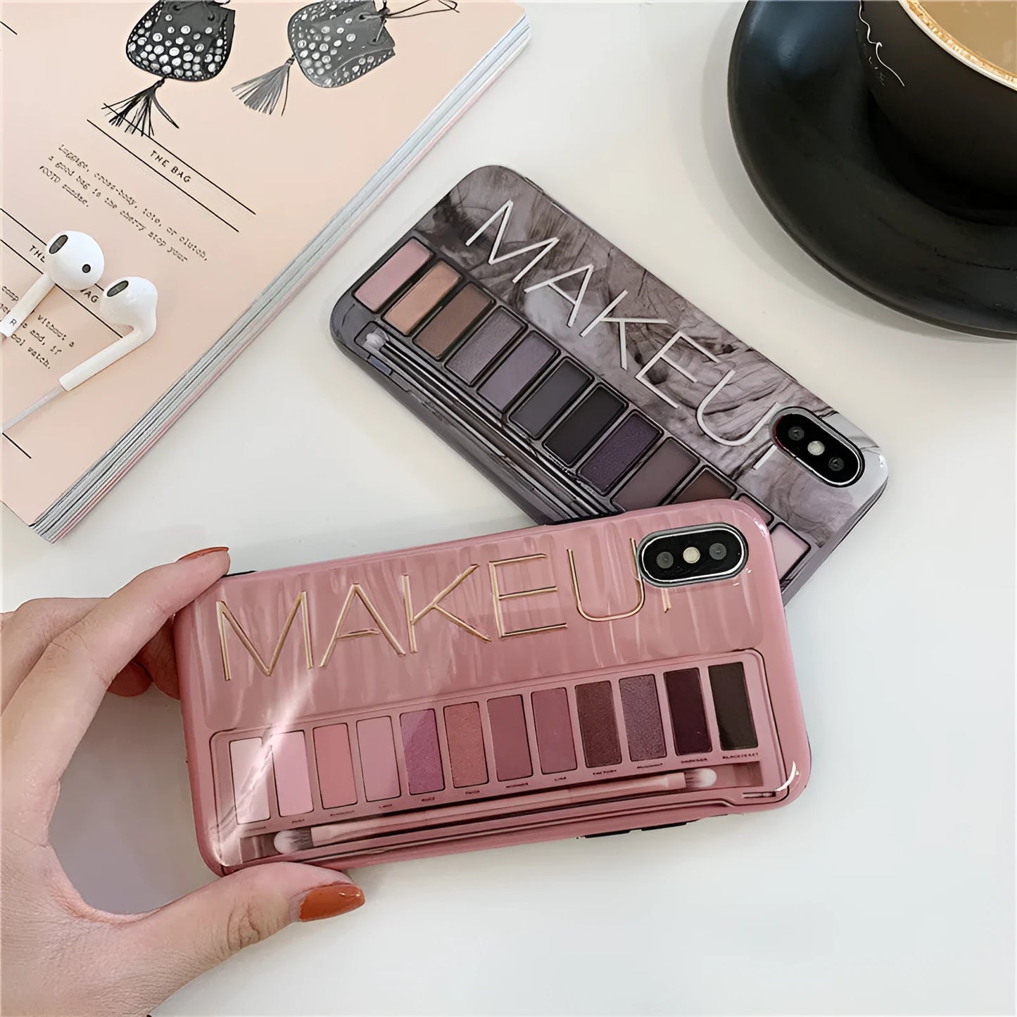 Silicone phone case with eye shadow design showing 2mm raised bezel for screen protection