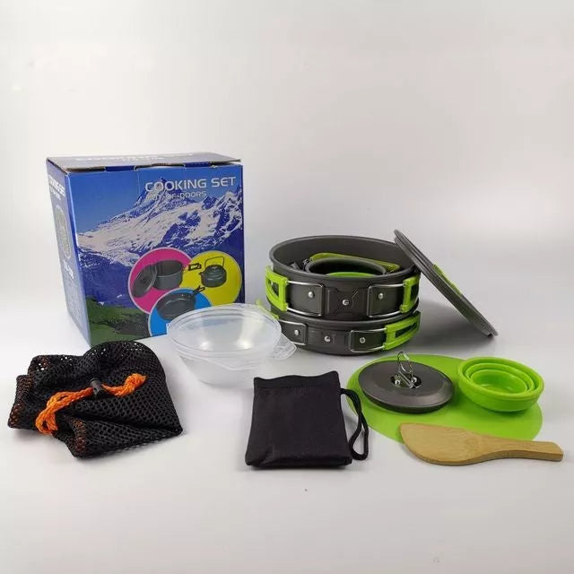 Lightweight folding outdoor cookware set for camping and hiking, includes pot, pan, teapot, and tableware