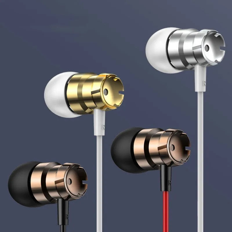 Metal turbo in-ear wired headphones with 3.5mm straight plug featuring moving coil sound principle and built-in microphone available in black, black red, gold, pink, and silver colours plus regular, tuning, and upgrade styles