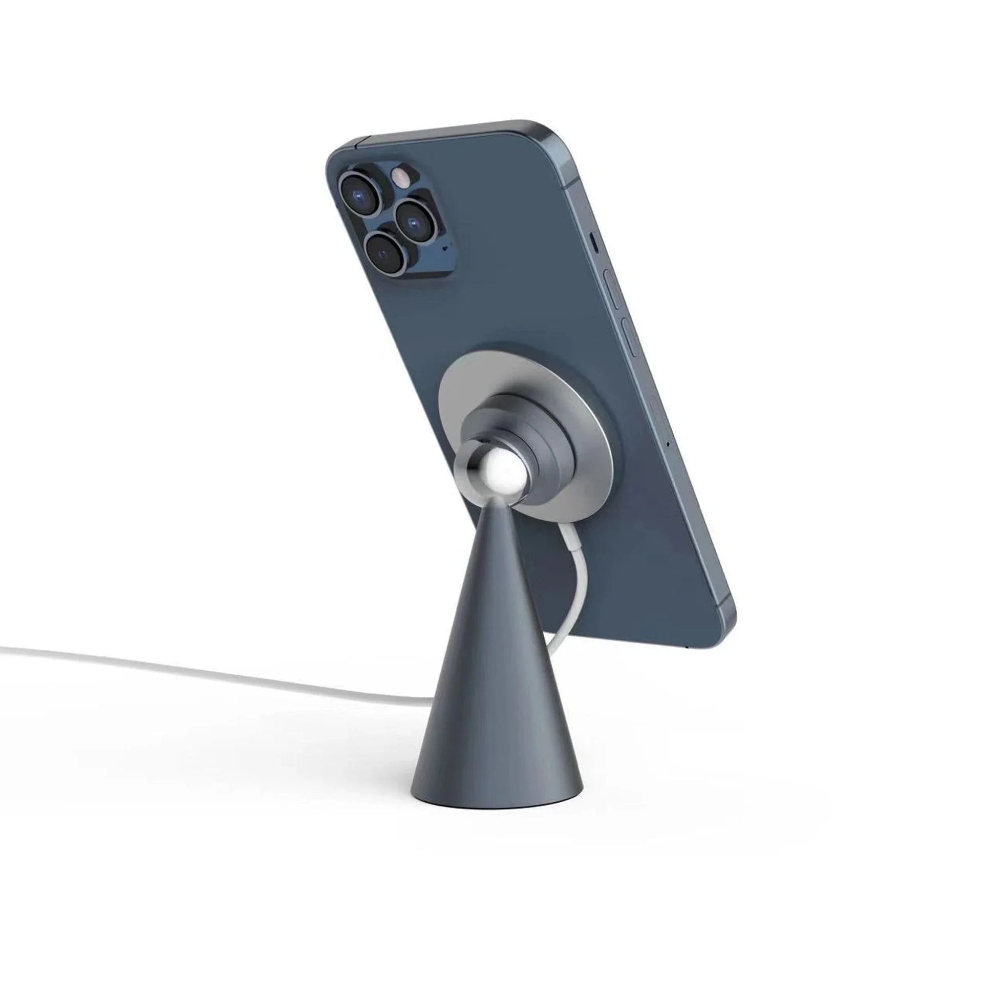 Magnetic phone stand for iPhone 12 and up, made of sleek aluminum alloy with 360-degree rotation for hands-free charging and viewing