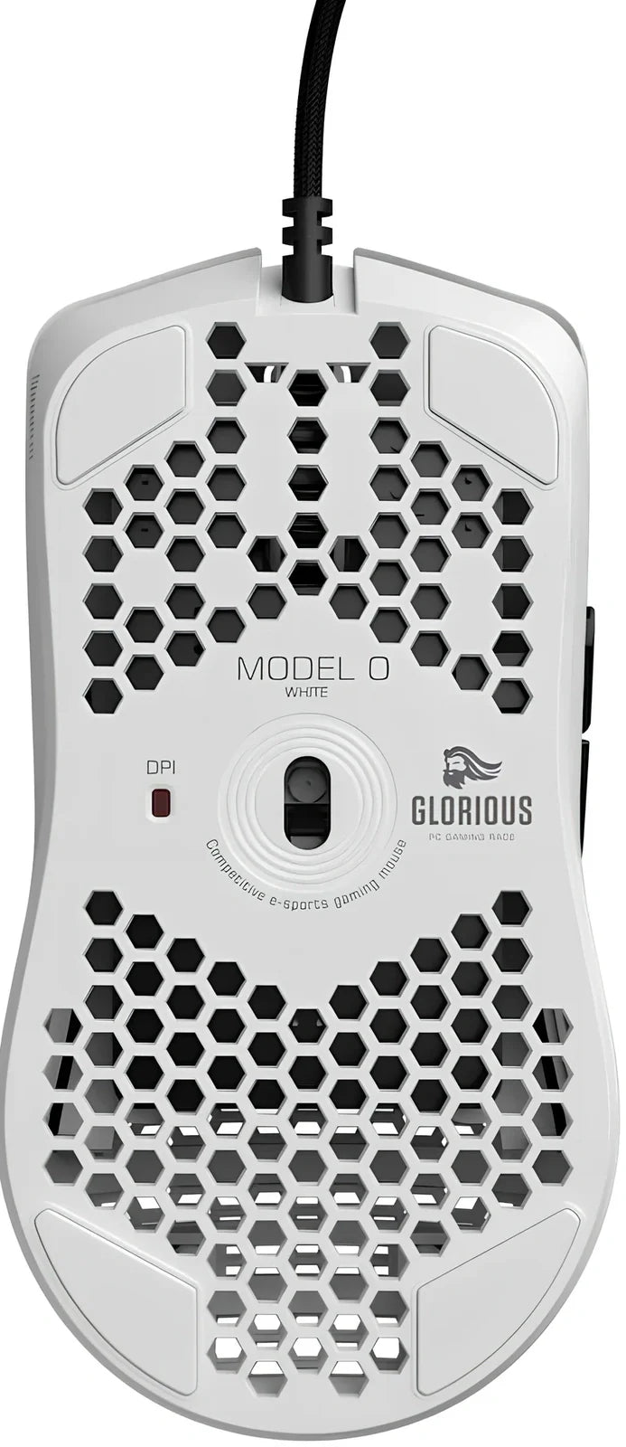 Black matte gaming mouse with hole design showing RGB lighting and ergonomic shape for right-handed use