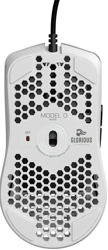 Black matte gaming mouse with hole design showing RGB lighting and ergonomic shape for right-handed use