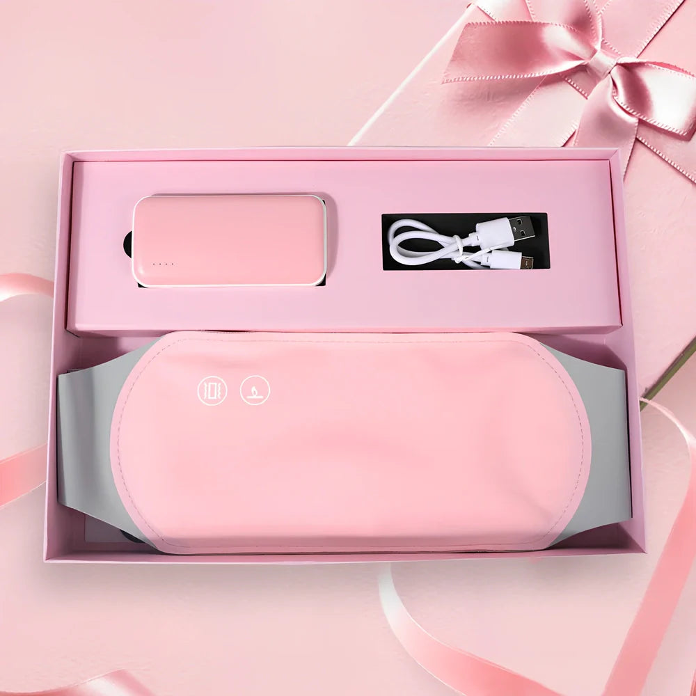 Pink Warm Heart Heating Belt with temperature control buttons and LED indicators on Lycra fabric surface