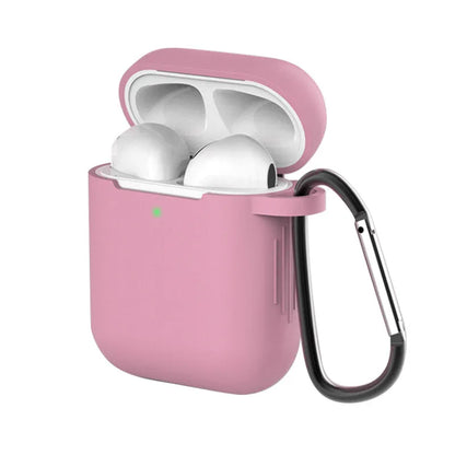 Liquid silicone protective clamshell case for Apple AirPods, shown in multiple colours on a white background.