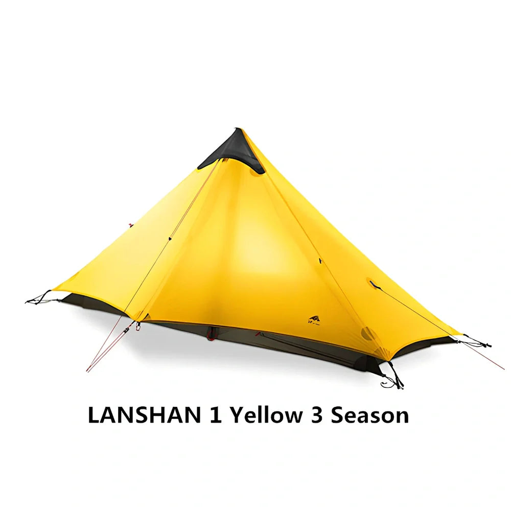 Single tip poleless tent with aluminium supports and camouflage design in outdoor setting