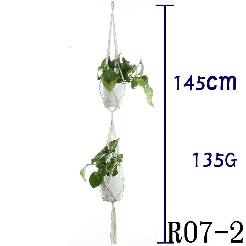 Beige cotton rope hanging basket with various styles for indoor plant display
