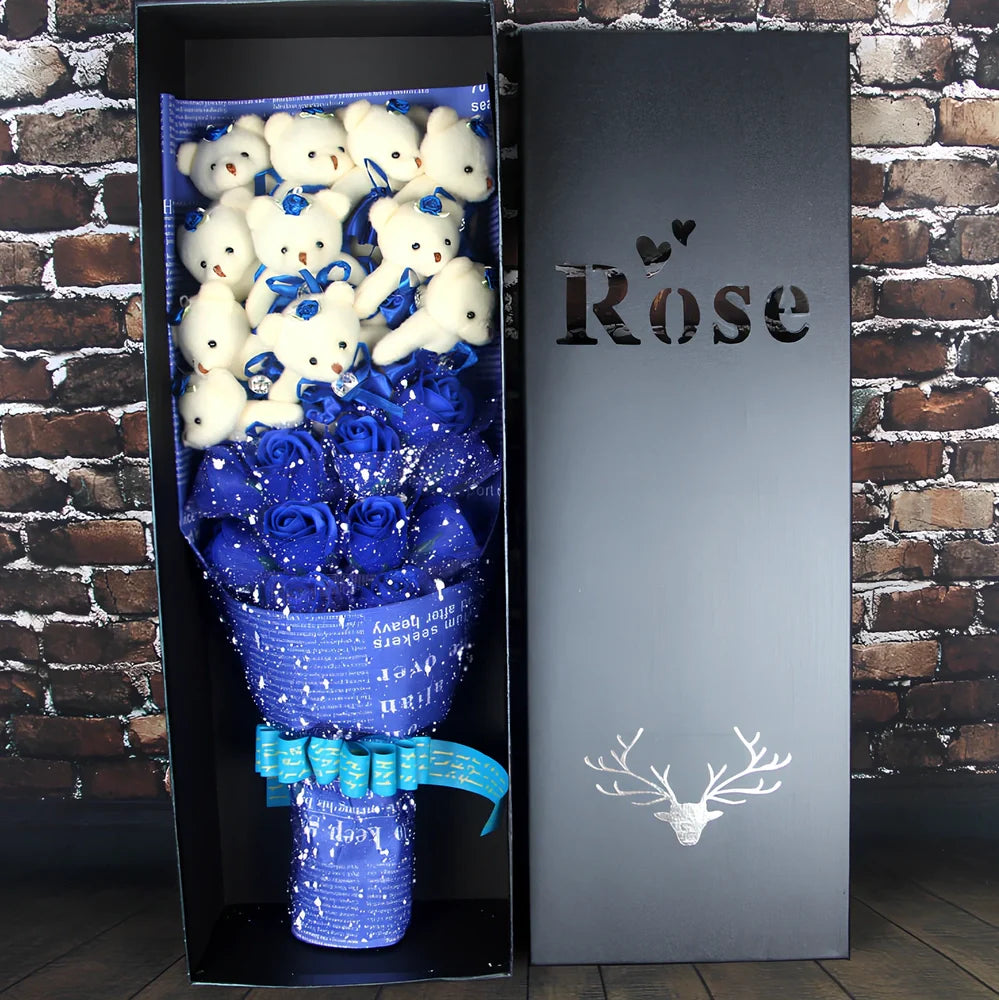 Handmade plush toy bouquet with 11 cartoon bears and chiffon roses in presentation box