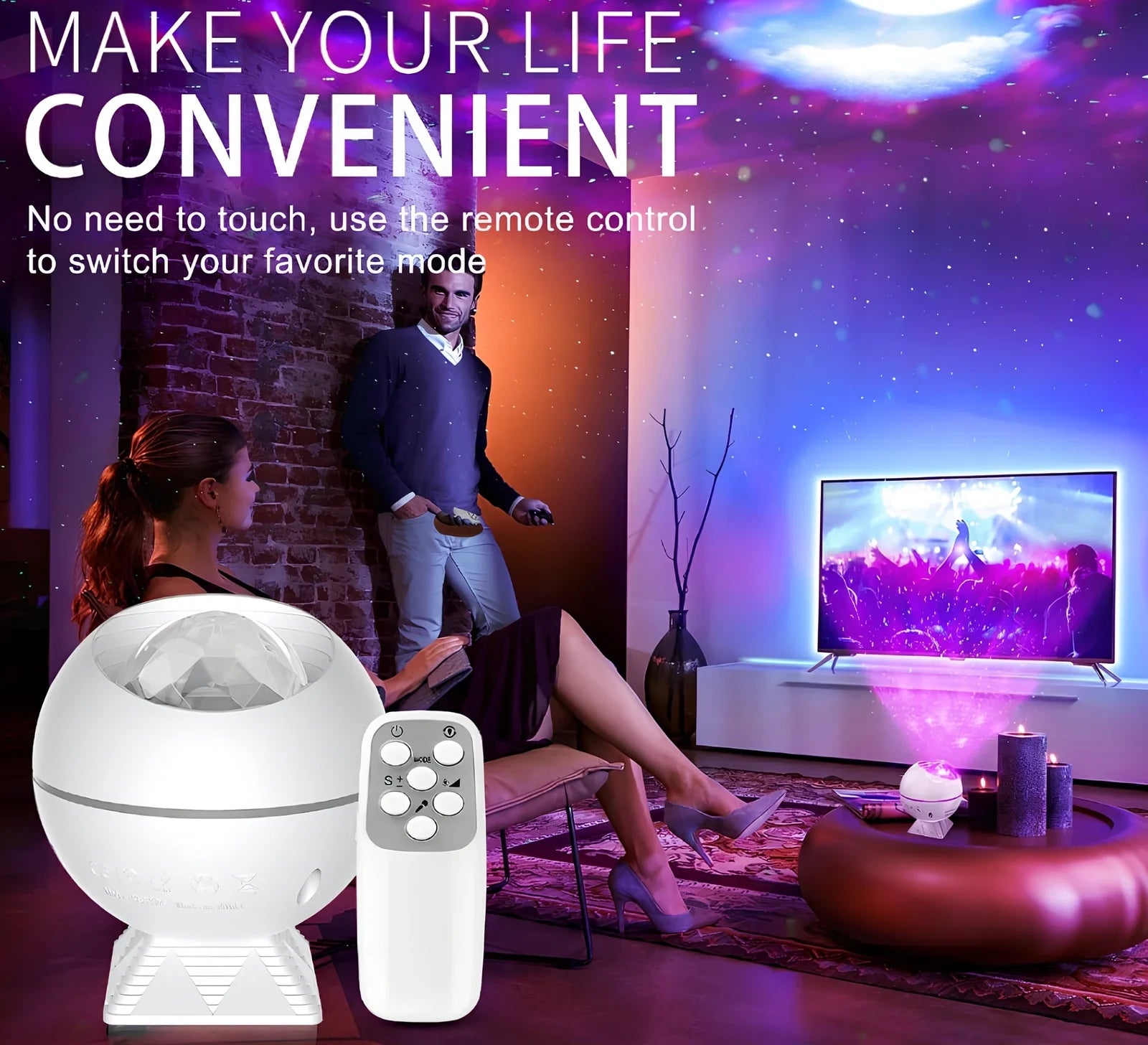 White spherical voice control LED star projection lamp with 9cm diameter and USB cable