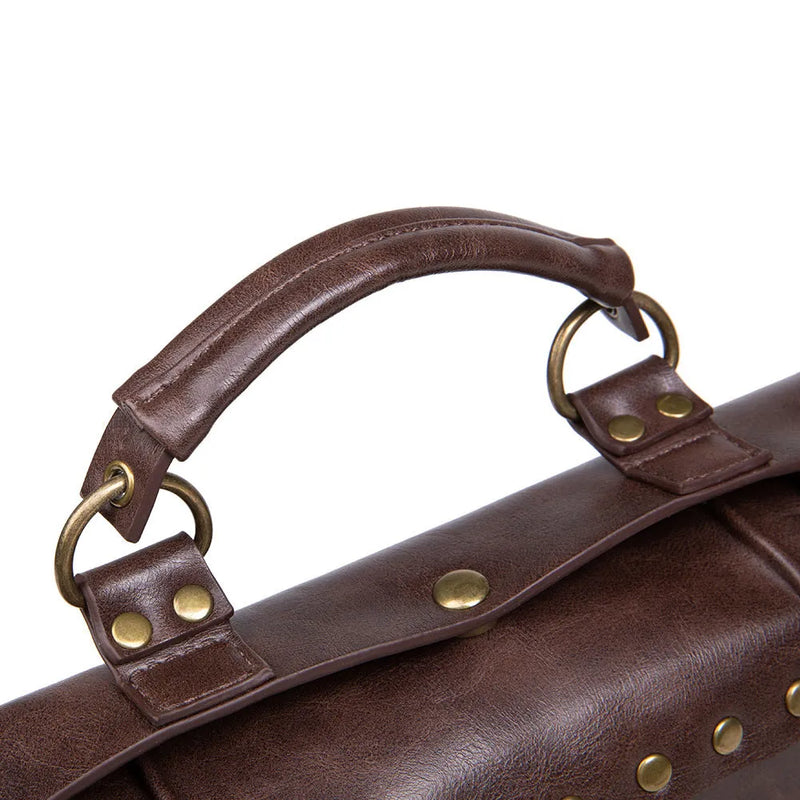 Steampunk industrial retro style shoulder bag made from brown PU leather with a polyester lining, featuring a 25x21x9cm horizontal square pillow bag shape and prominent metal accents in a distinctive bronze colour.