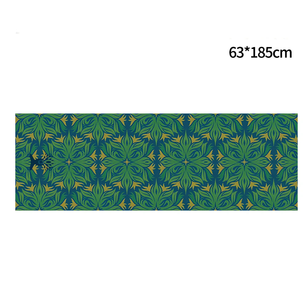 Blue anti-slip yoga mat with superfine fibre surface showing 65x185cm dimensions and 0.4mm thickness