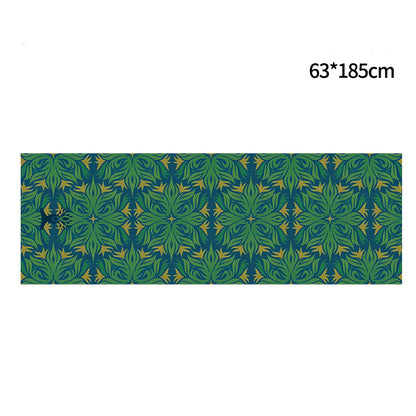Blue anti-slip yoga mat with superfine fibre surface showing 65x185cm dimensions and 0.4mm thickness