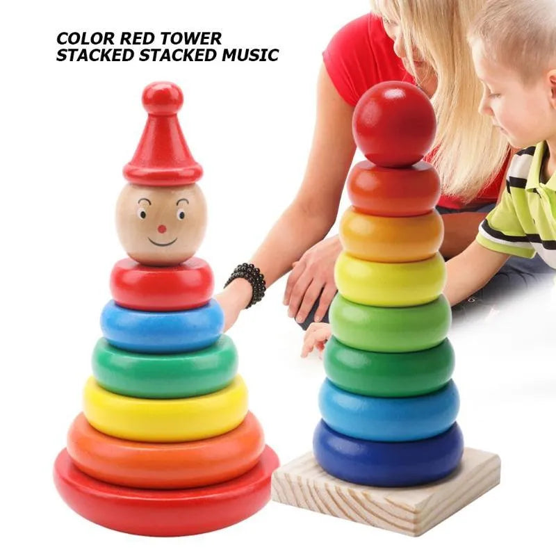 Wooden rainbow tower stacking toy with stacked circles, 7.5 x 9 x 9 cm, for baby early education play