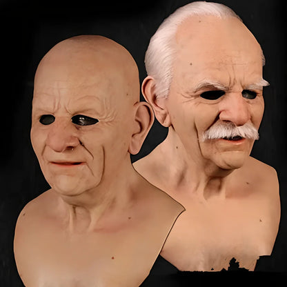 Latex old man Halloween mask with white hair and beard showing realistic facial wrinkles