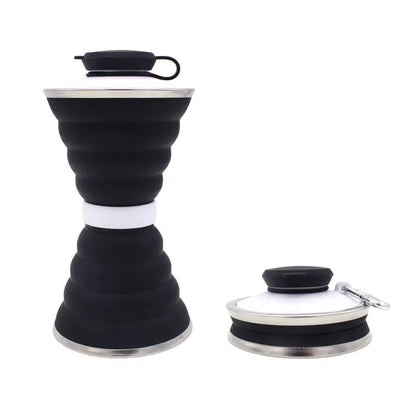 Collapsed and expanded states of a 500ml silicone water bottle with hook and hand rope.