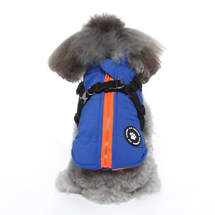 Polyester quilted dog jacket with a chest strap, shown in blue, on a mannequin.