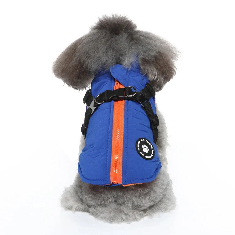 Cozy padded jacket with adjustable chest strap for pets, available in various colors and sizes.