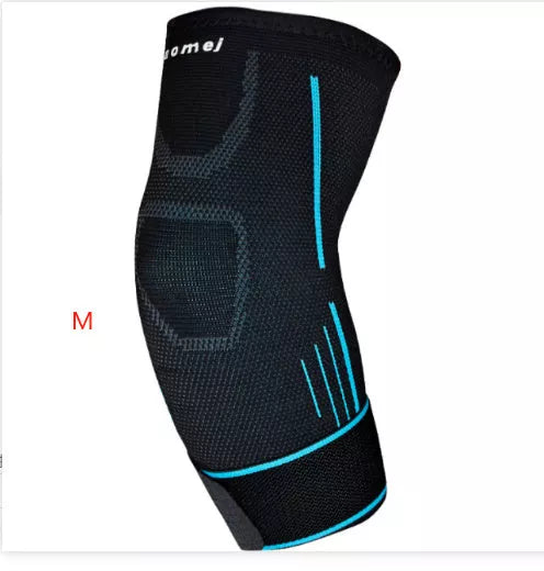 Breathable knitted sports elbow guard with adjustable straps in black and orange