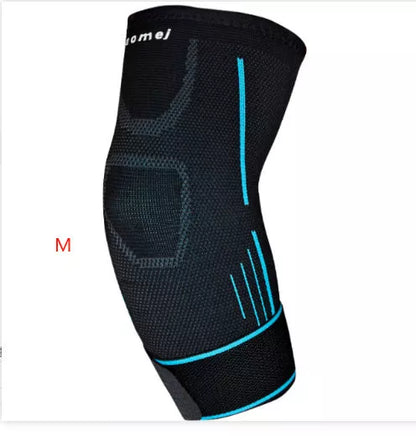Breathable knitted sports elbow guard with adjustable straps in black and orange
