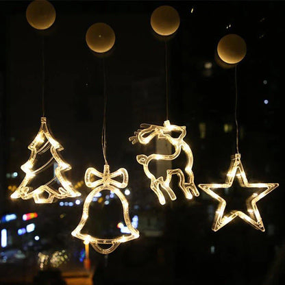 Decorative battery-powered LED chandelier lights with holiday-themed designs like Santa, snowmen, and stars