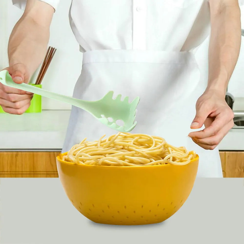 Plastic kitchen shovel and spaghetti spoon set with measurements shown