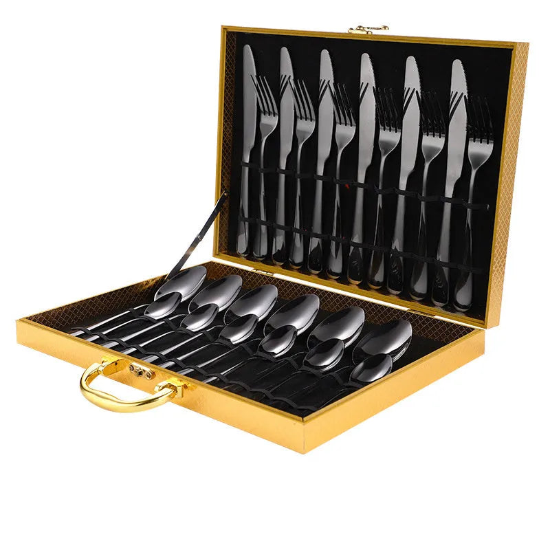 24-piece stainless steel cutlery set in gold, rose gold, black and colourful finishes.