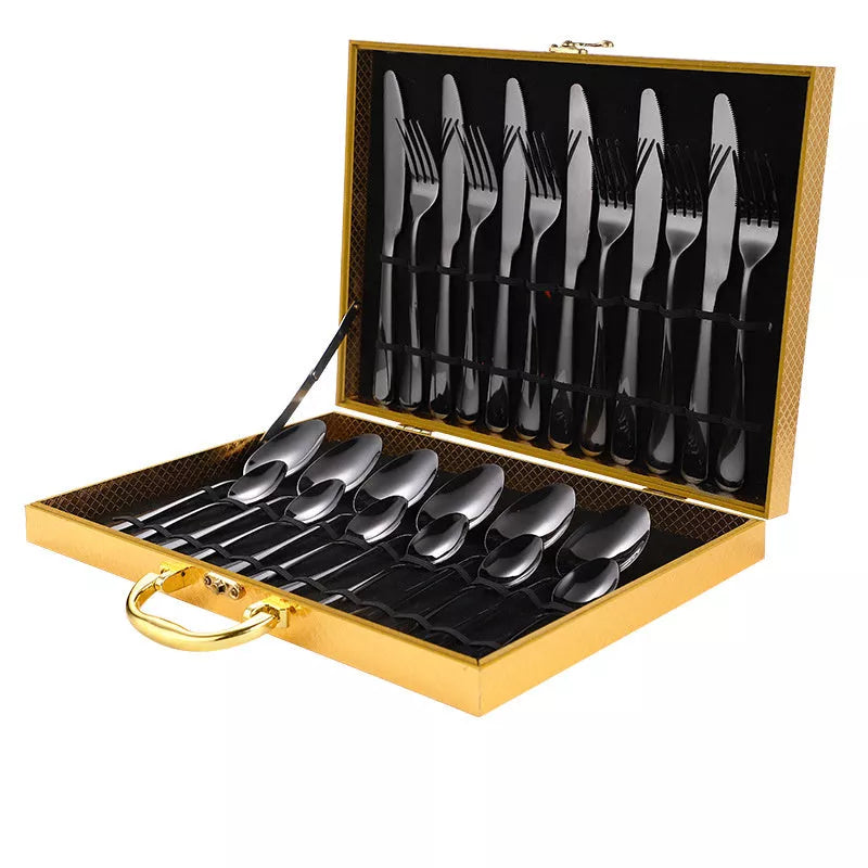 Stainless steel 24-piece tableware set with knives, forks, and spoons in rose gold, black, and gold