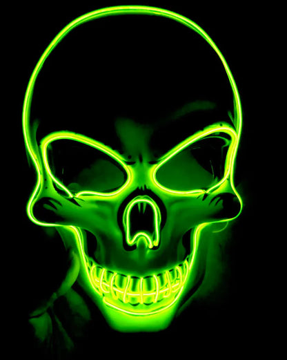 Blue LED glow skeleton mask with flashing lights on a person's face