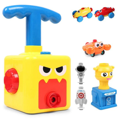 Children playing with eco-friendly balloon-powered car toy, learning aerodynamics