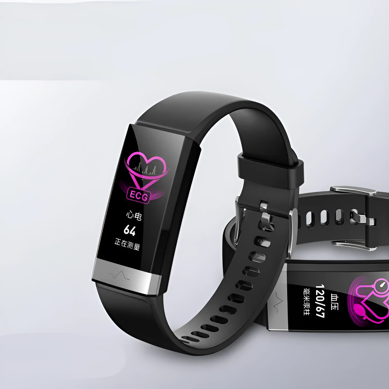 V19 smart health tracker in black on a wrist, showing colour display with heart rate and SpO2 data.