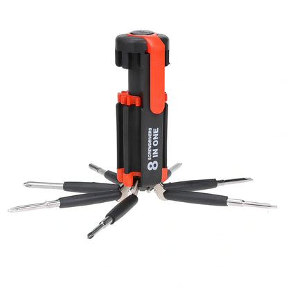 8-in-1 multifunctional screwdriver set with LED light showing seven different bit sizes