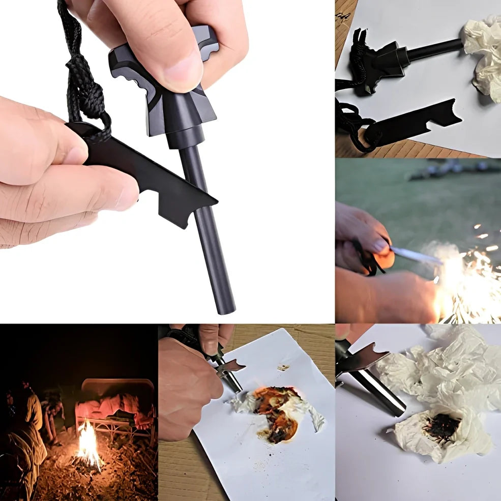 Outdoor survival tool set with compass, whistle, rope, and fishing gear in 168×105×48mm black box