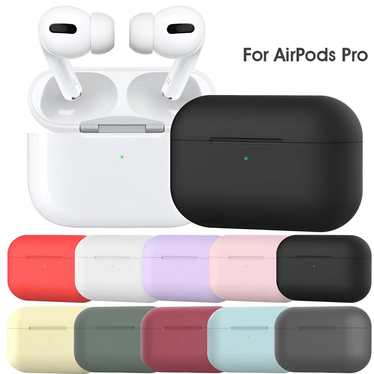 Silicone protective cover for AirPods Pro headphones in multiple colour options showing shock absorption design