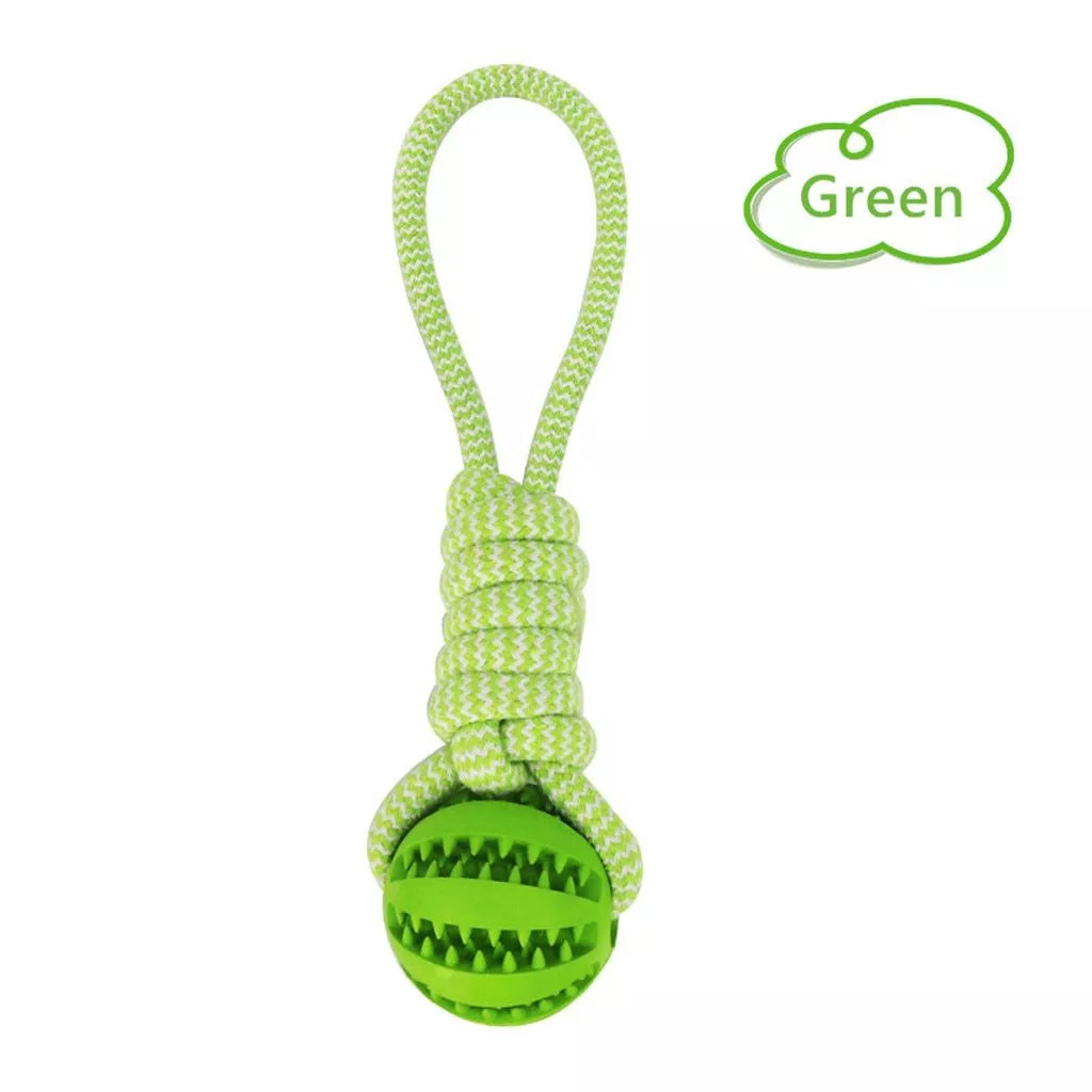 Interactive dog chew toy with rubber ball and cotton rope for dental health