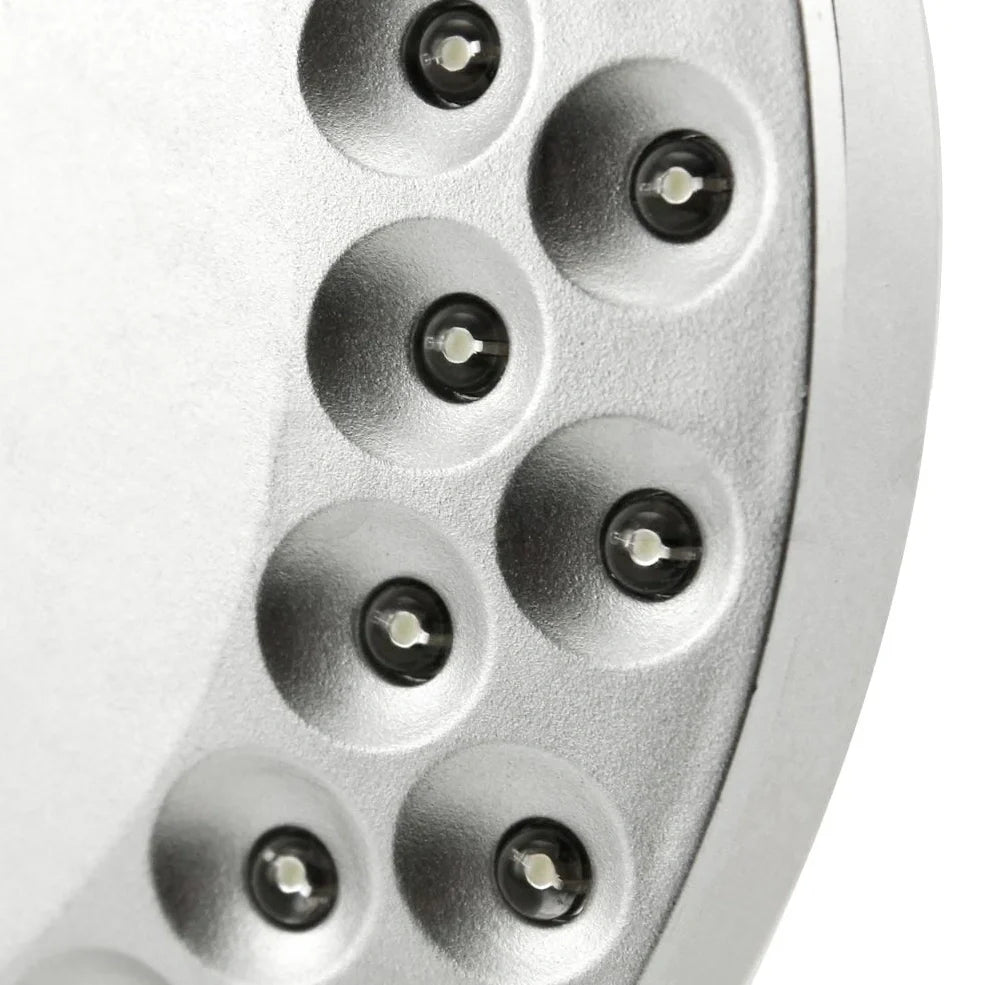 White LED light with 48 LEDs, hook attachment, and ABS plastic casing, measuring 14.5cm in diameter.