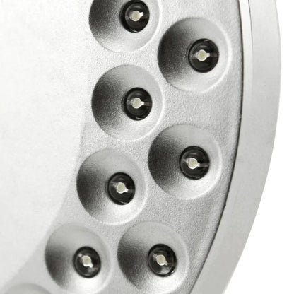 White LED light with 48 LEDs, hook attachment, and ABS plastic casing, measuring 14.5cm in diameter.