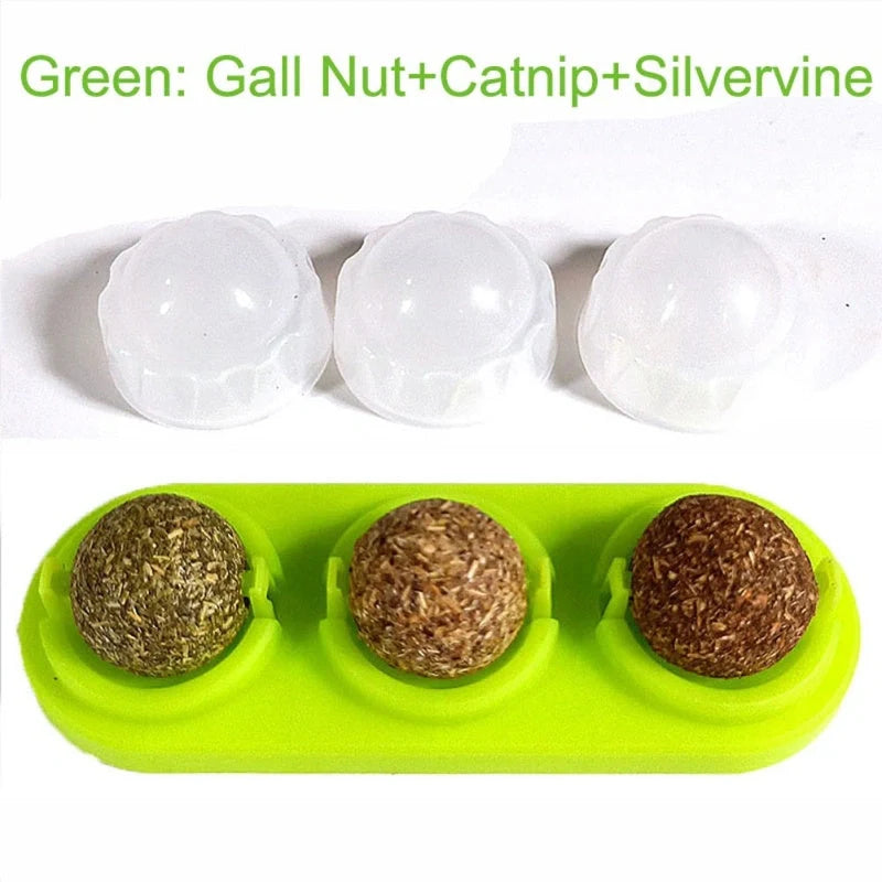 3-Piece Self-Adhesive Rotated Catnip Lick Ball Set for Cats, promoting dental health and interactive play