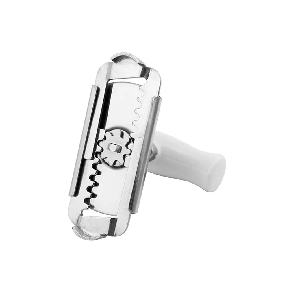 White stainless steel adjustable manual bottle opener with ABS handle on a plain background