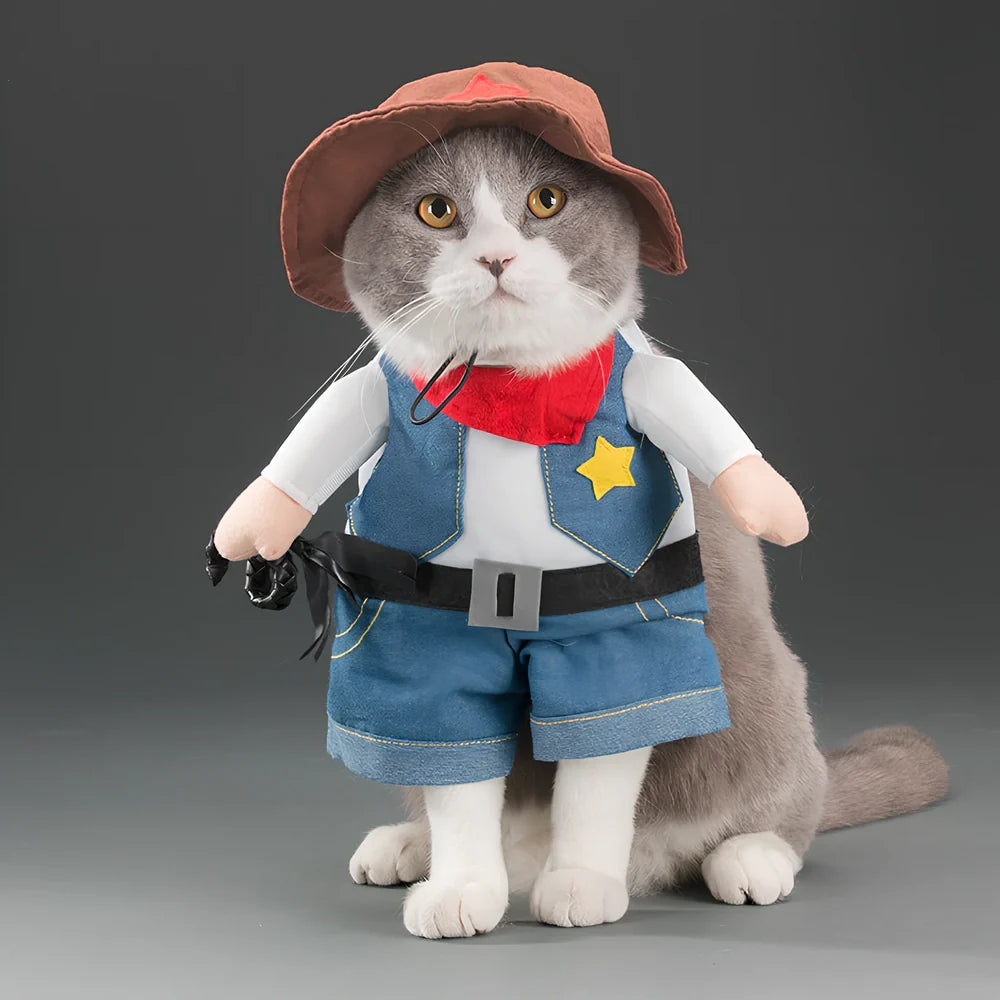 Polyester cat costume in character design with size label showing bust and neck measurements