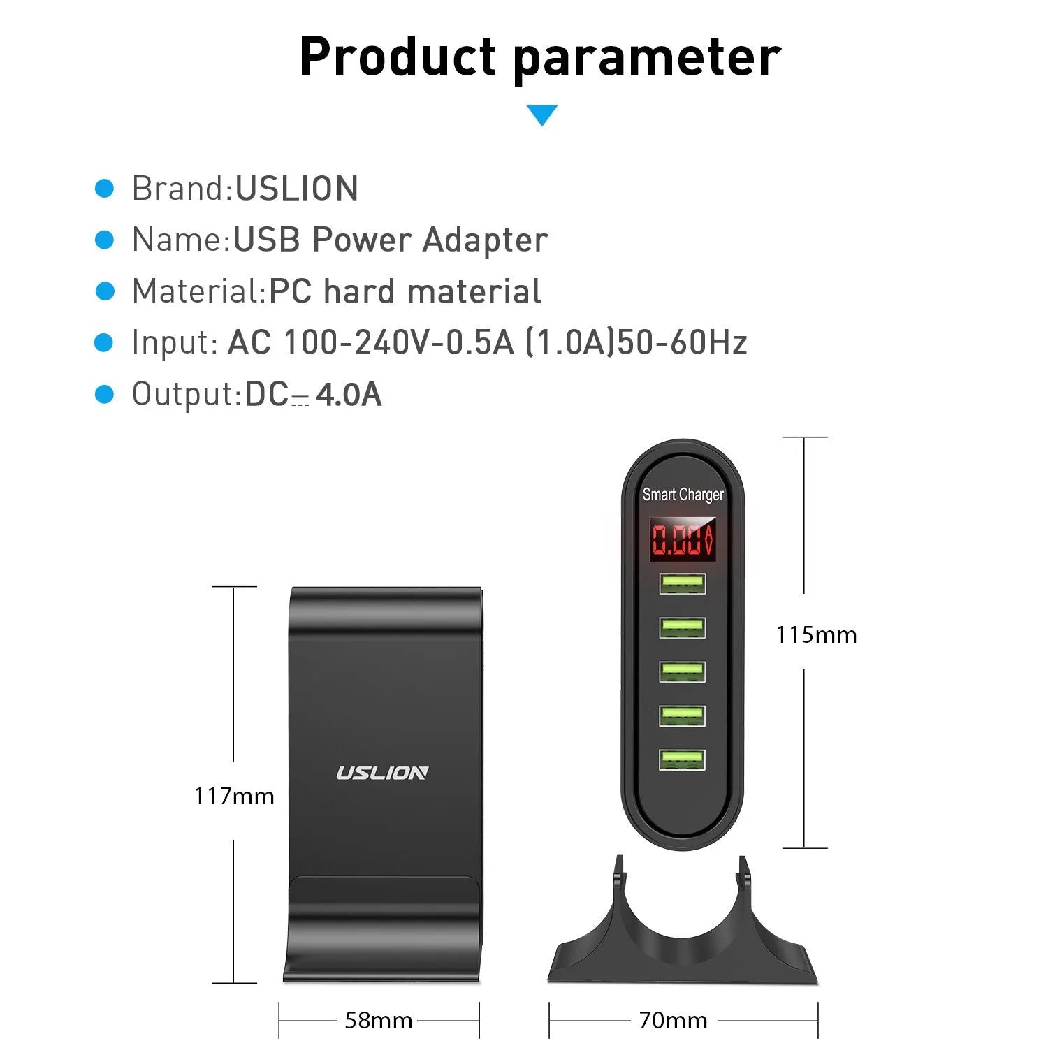 Smart LED digital display USB charger showing charging status with 4000mA output for UK voltage