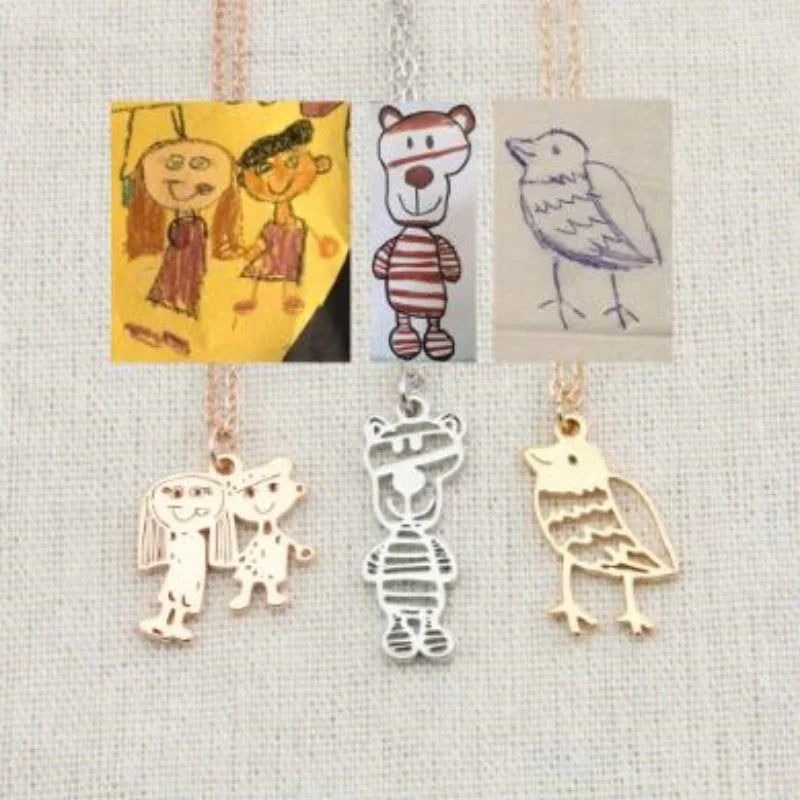 Custom stainless steel kids artwork necklace with personalized pendant