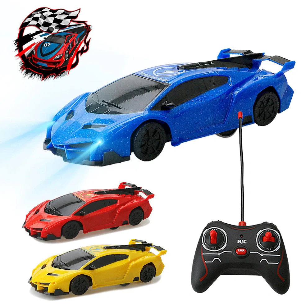 Red remote-controlled car climbing wall with industrial fan system and wireless controller