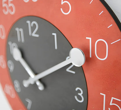 Round decorative wall clock with 30cm diameter in blue, green, grey, orange, red, or yellow colour options