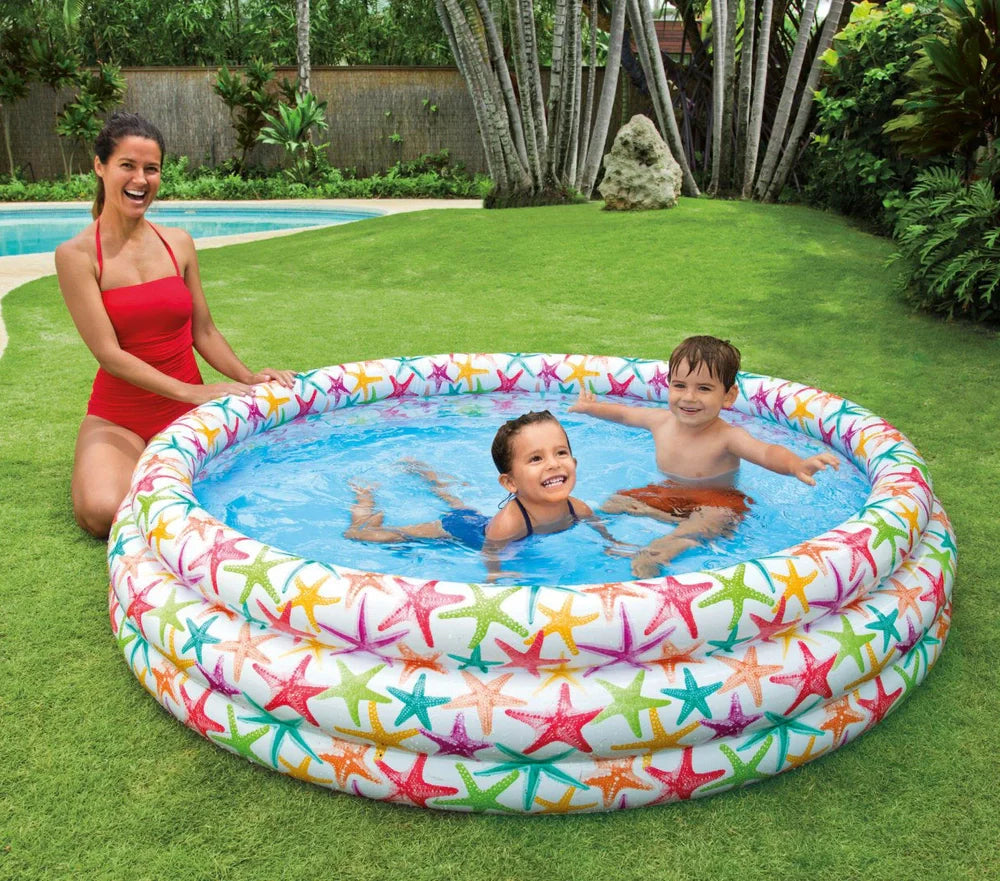 Round blue inflatable baby pool measuring 168cm across with 38cm high sides