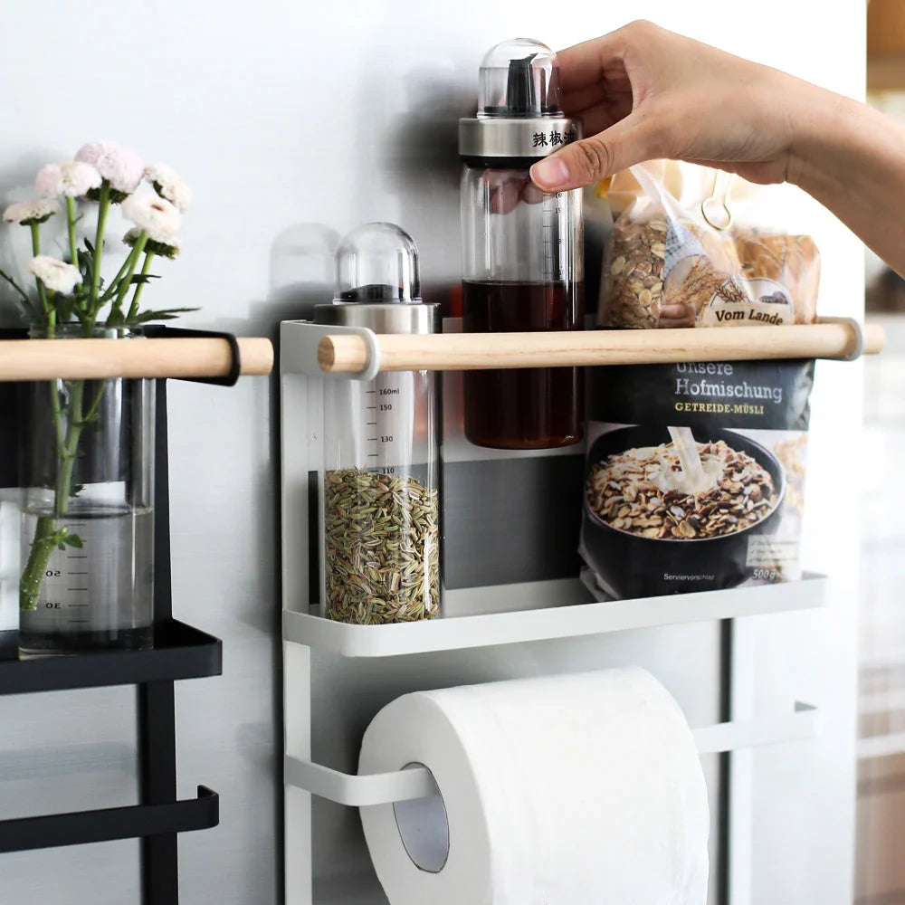 Magnetic Refrigerator Organizer with six hooks, wooden crossbar, and sleek matte metal finish