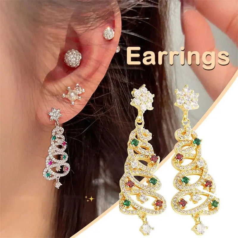 Colorful zircon Christmas tree tassel earrings for women, available in white K and gold.