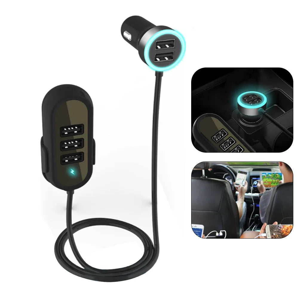 Black and white car rear seat charger with USB output, 12-24V input, and ABS PC body