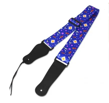 Printed cloth guitar shoulder strap showing eight different graphic design options