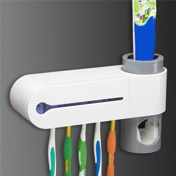 3-in-1 toothbrush holder with UV sterilizer and toothpaste dispenser, wall-mount design