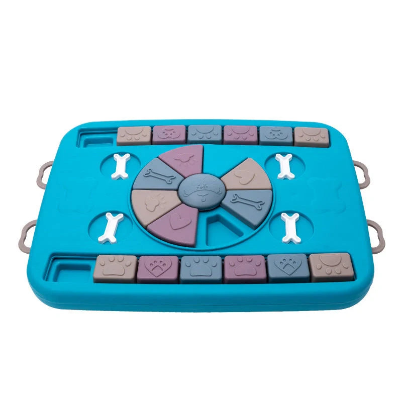 Interactive blue dog food dispenser toy for mental stimulation and slow feeding