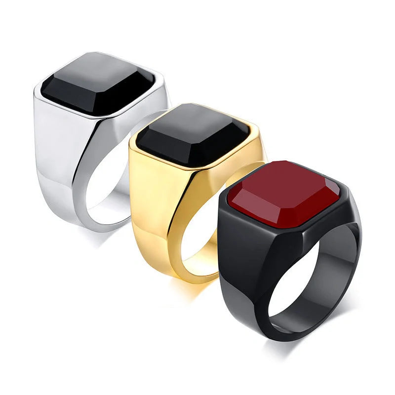 Men's stainless steel black agate ring with geometric design in silver, gold, and red black